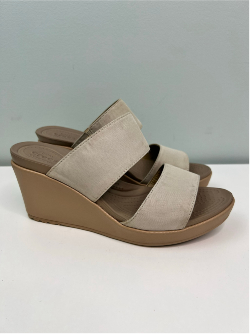 Crocs Wedge Sandals Size 9 Beige Tan Dual Comfort Slip On Canvas Open Toe Heels